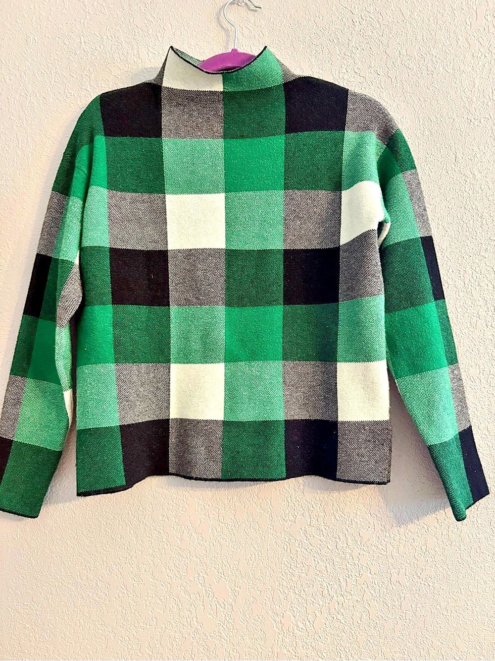 Tahari Plaid Mock Neck Sweater Checkered Sweater Green & Black XS
